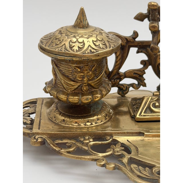 Vintage Ornate Baroque Revival Cast Brass Double Inkwell Desk Set With Porcelain Liners For Sale In New York - Image 6 of 17