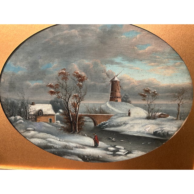 Small oval winter oil/canvas with cottage, arch bridge, windmill and figures, ca. 1860, att: Joseph Hidley of Postenkill....