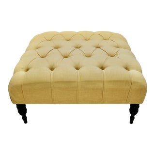 Late 20th Century Vintage Butter Yellow Kravet Lee Jofa Linen Button Tufted Upholstery Ottoman For Sale