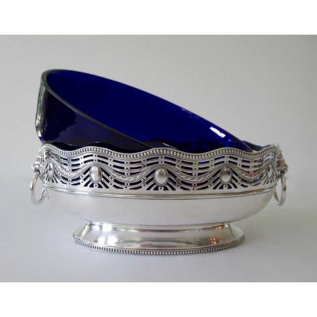 Metal Circa 1920's English Sheffield "Georgian-Style" Large Silver Plate Oval-Shaped, Festoon & Lion Crest with Cobalt Blue Glass Insert Serving Dish For Sale - Image 7 of 13