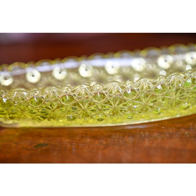 EAPG Antique Uranium Vaseline Glass Hobbs Brockunier And Company Yacht Pickle or Relish Daisy And Button With Scalloped...