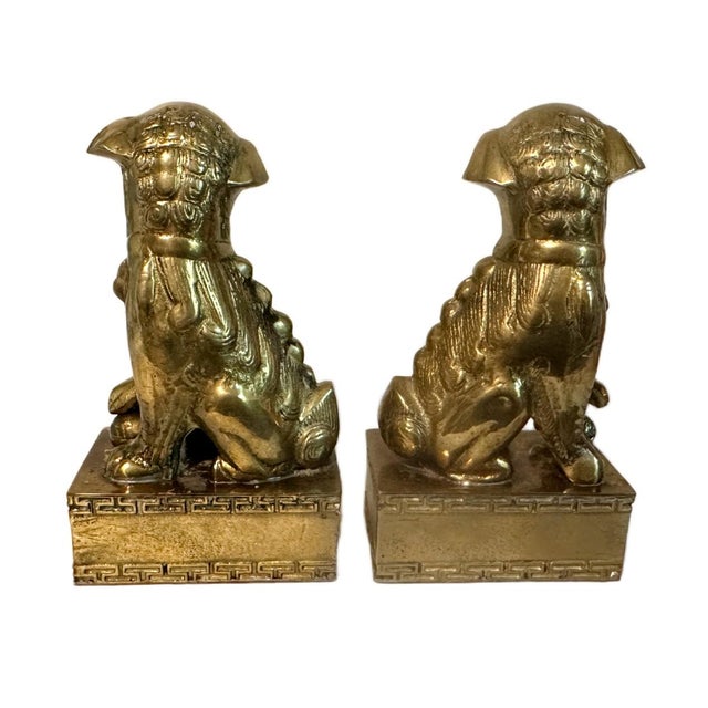 Pair of Vintage Chinese Brass Clad Temple Foo Dogs Fu Lions Figurines Bookends This is a set of two vintage mid century...