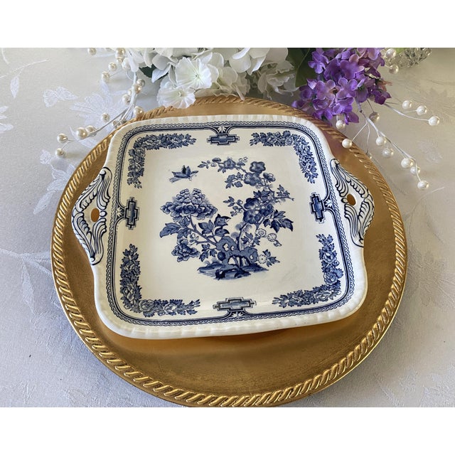 1930's Mason's Ironstone Cake Plate/Tray, Chinoiserie Pattern, Manchu Blue- Square, Tab Handles For Sale - Image 12 of 14