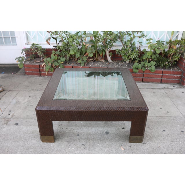 Karl Springer Style Rattan and Glass Coffee Table | Chairish