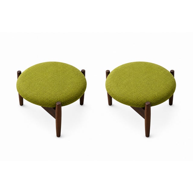 Mid Century Style Round Walnut Ottomans With Lime Green Fabric For Sale - Image 4 of 4