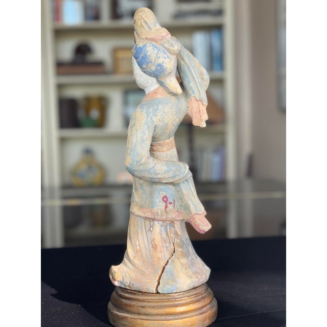 Blue Antique Chinese Carved Wood Dancing Court Lady, Tang Style, Polychrome & Gilt, C. 1920s For Sale - Image 8 of 11