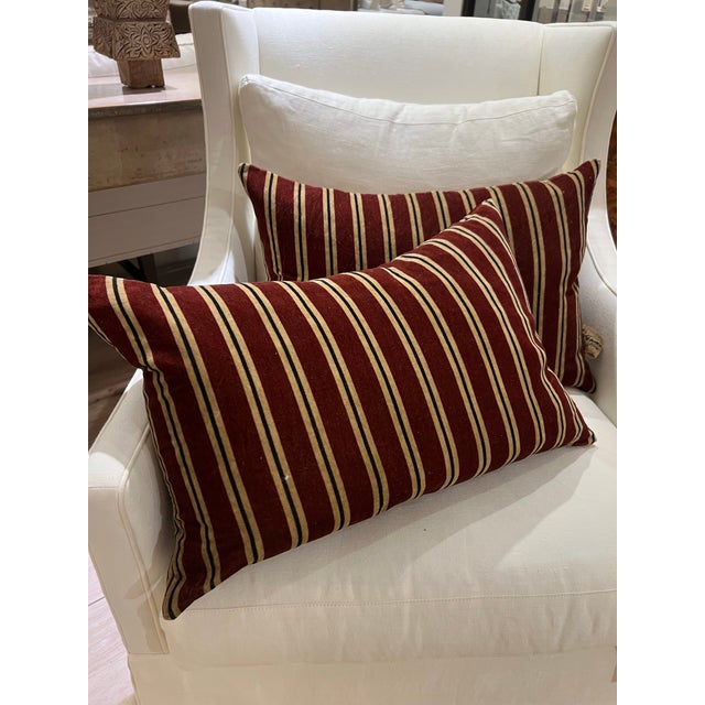 Italian House of Lyria Burgundy Stripe Velvet Lumbar Pillows — Pair (24” X 16”) For Sale - Image 3 of 4