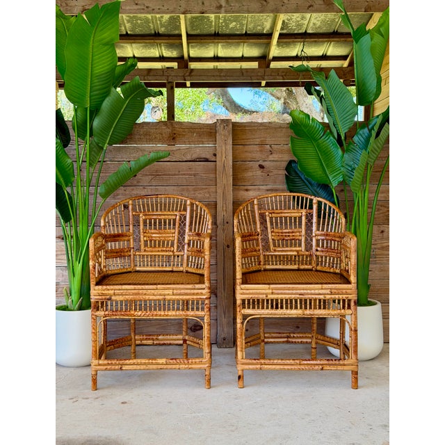 A Pair-Restored Thomasville Brighton Pavilion Scorched Bamboo Armchairs For Sale - Image 12 of 12
