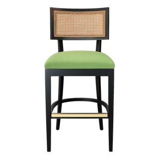 Palm Collection Black Green Performance Fabric Bar Stool With Cane Back W/ Brass Kickplate For Sale