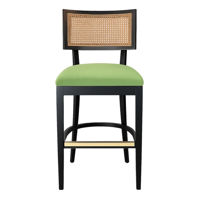 Palm Collection Black Green Performance Fabric Bar Stool With Cane Back W/ Brass Kickplate For Sale