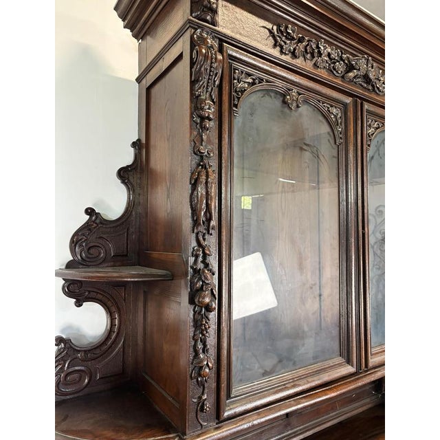 Henri II Style 2-Body Hunting Buffet in Carved Oak with Glass Top For Sale - Image 6 of 10