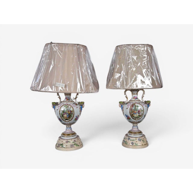Traditional Mid 20th Century Regency Style, Urn Table Lamps, Porcelain, Painted Wood, France - a Pair For Sale - Image 3 of 10