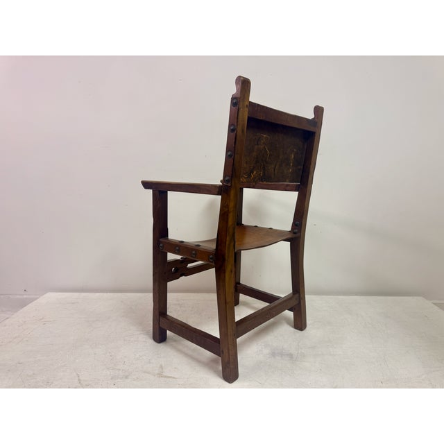 Brown Vintage Spanish Walnut and Leather Armchair, 1950s For Sale - Image 8 of 16