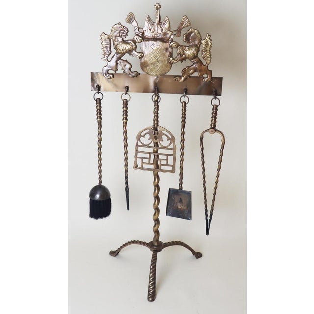 1950s Historicist English Brass Fireplace Tools with Striding Lions, 1950s, Set of 6 For Sale - Image 5 of 13