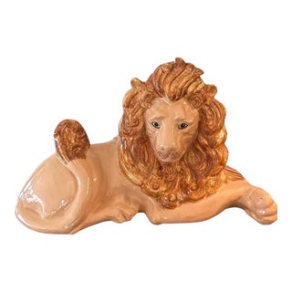 1970s Signed Hand Painted Ceramic Reclining Lion Sculpture For Sale
