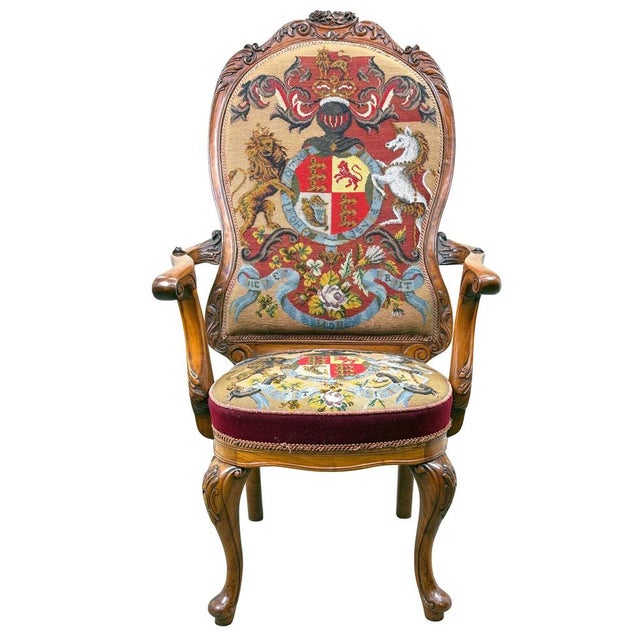 Victorian Walnut Armchair with Royal Coat of Arms Upholstery, 1860 For Sale - Image 13 of 14