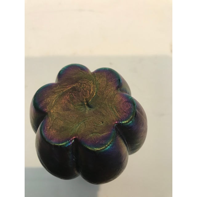 Art Nouveau Iridescent Bulbous Art Glass Vase Melon-Ribbed Plum, Green For Sale - Image 4 of 4