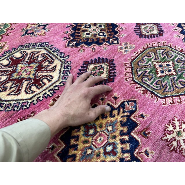 Textile Pink Kazak Tribal Rug With Green Border, 4'11" X 6'8" For Sale - Image 7 of 13