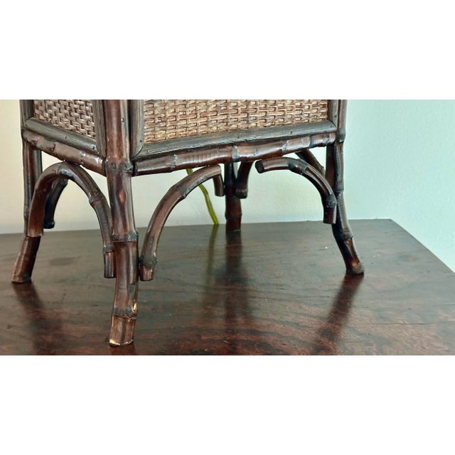 Large burnt bamboo rattan table lamp. Nice lines and well made. In very nice condition.