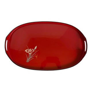 Vintage Asian Red Lacquer Mother of Pearl Inlay Oval Tray For Sale
