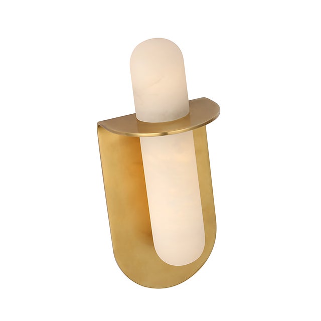 Brass Kelly Wearstler for Visual Comfort Signature Fosse 11" Invertable Offset Oval Sconce in Antique-Burnished Brass with Alabaster For Sale - Image 8 of 13