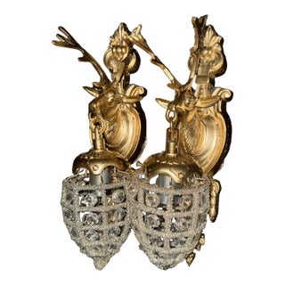 Late 20th Century French Louis XVI Gold Deer Wall Lamps/ Sconces - Pair of 2 PCS For Sale