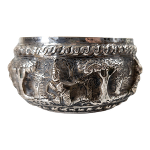 19th Century Thai Repousse Silver Bowl With Buddha Figures