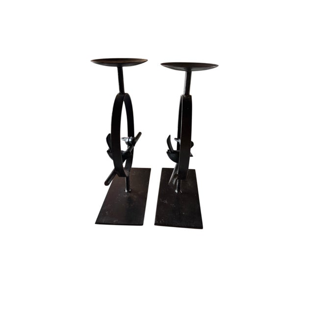 2020s Pair of Pottery Barn Heavy Iron Bird & Branch Pillar Candle Holders For Sale - Image 5 of 8