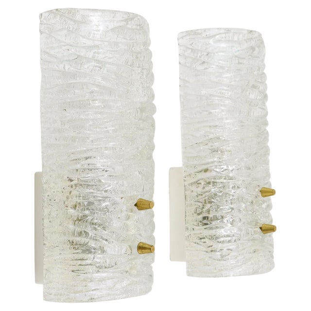Mid-Century Brass & Textured Glass Sconces attributed to J. T. Kalmar for Kalmar, Austria, 1950s, Set of 2 For Sale