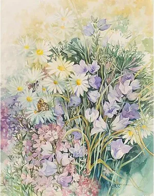 'Spring Flowers' California Botanical Watercolor by Pat Kurtz, 1970s