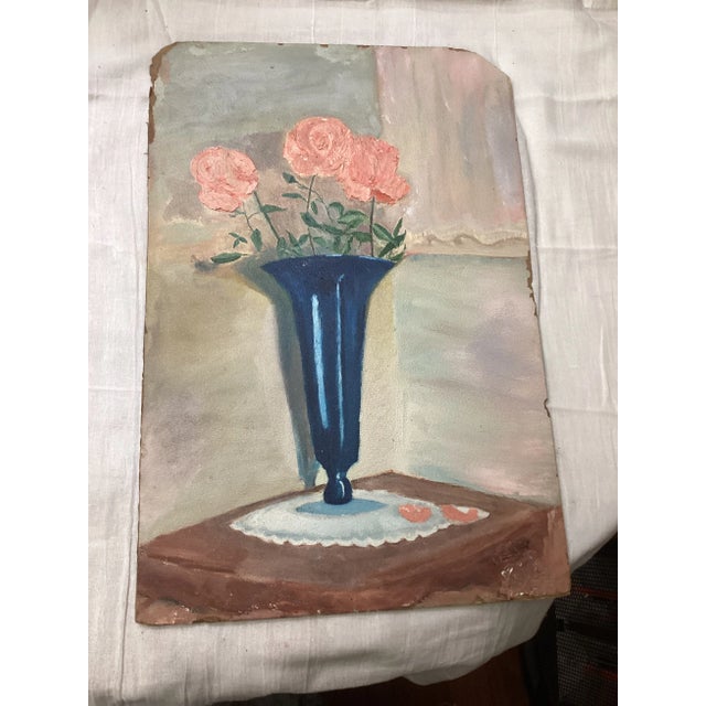 1939 Hand-Painted Impasto Pink Peonies Still Life Painting For Sale - Image 4 of 5
