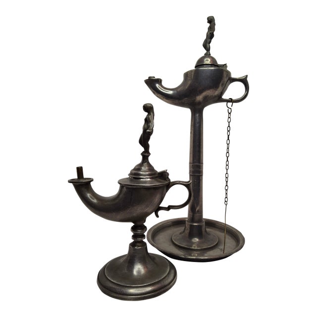 Lot of 2 - 19th C Pewter Whale Oil Fat Lamps W/ Figurine, Wick Pick, European For Sale