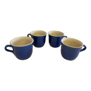 Vintage Emile Henry France Cobalt Blue Ribbed Mugs, Set of 4 For Sale
