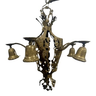 Antique Art Deco Floral Motif Ornate Brass 4 Arm Chandelier For Sale