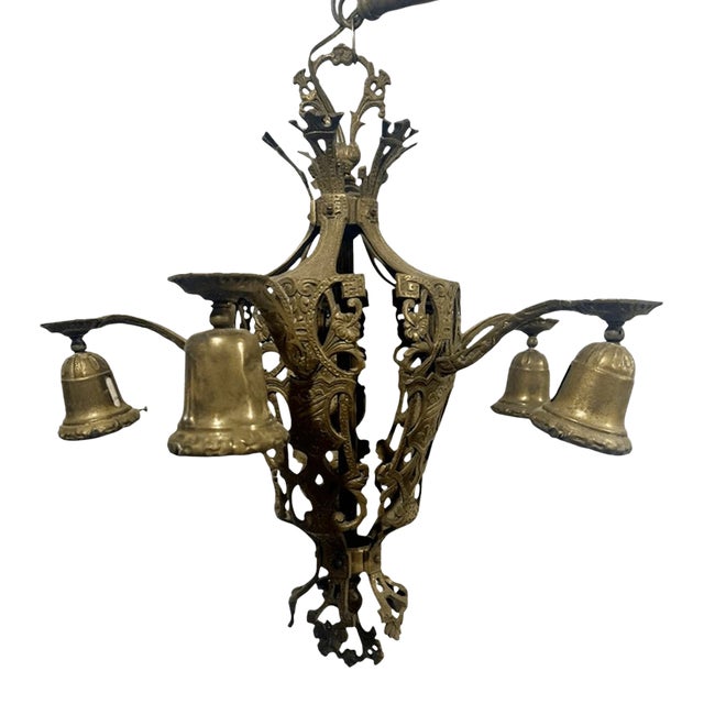 Antique Art Deco Floral Motif Ornate Brass 4 Arm Chandelier For Sale
