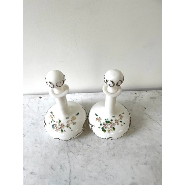 Late 19th Century Pair of Victorian Milk Glass Decanters With Painted Flowers Design For Sale - Image 5 of 8