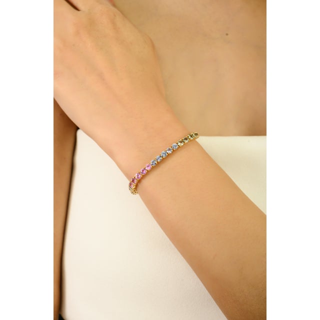 Pink 9.33 Carat Multi Sapphire Tennis Bracelet in 14k Gold For Sale - Image 8 of 15