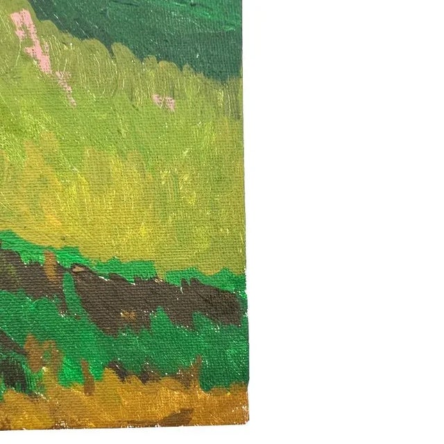 1970s Vintage Green Mountain Landscape – Mid-Century Modern Oil Painting on Board For Sale - Image 5 of 11