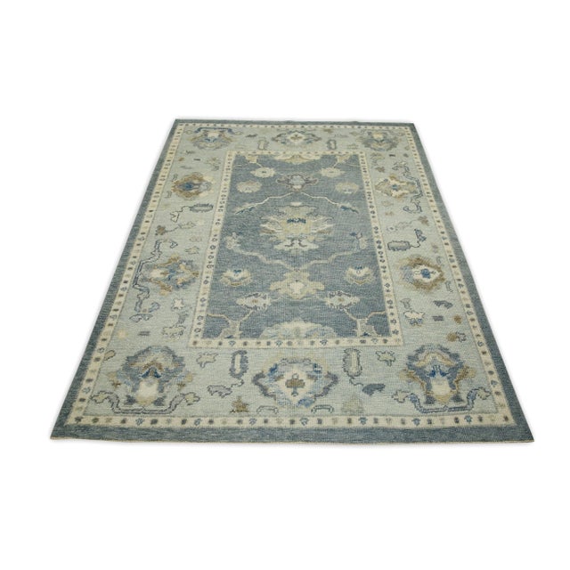 Early 21st Century Early 21st Century Blue Floral Design Handwoven Wool Turkish Oushak Rug 4'11" X 6'7" For Sale - Image 5 of 7