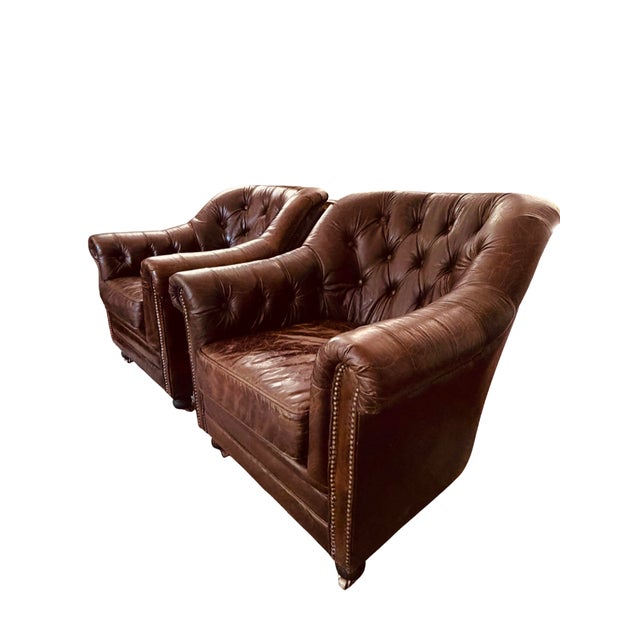 Restoration Hardware Distressed Leather Club Chair – Tufted English Library Lounge Chair With Rolled Arms & Brass Casters For Sale - Image 13 of 17