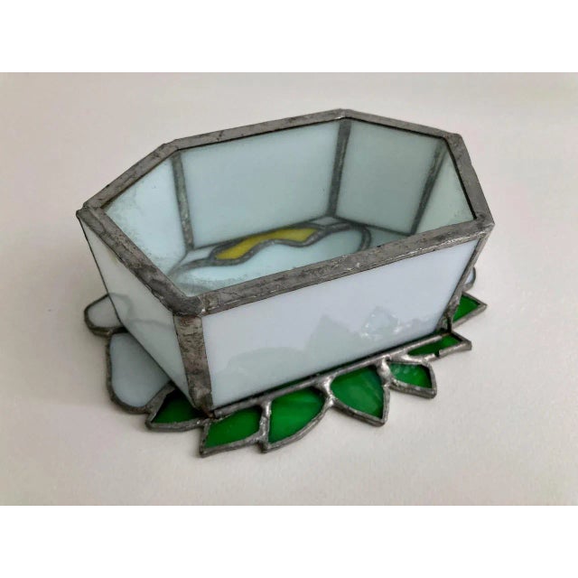 White Vintage Stained Glass & Clear Glass Lidded Floral Box For Sale - Image 8 of 13