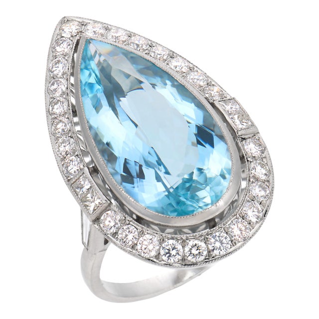 Art Deco Inspired 10.17 Carat Aquamarine Diamond Platinum Cocktail Ring, Size 7 For Sale