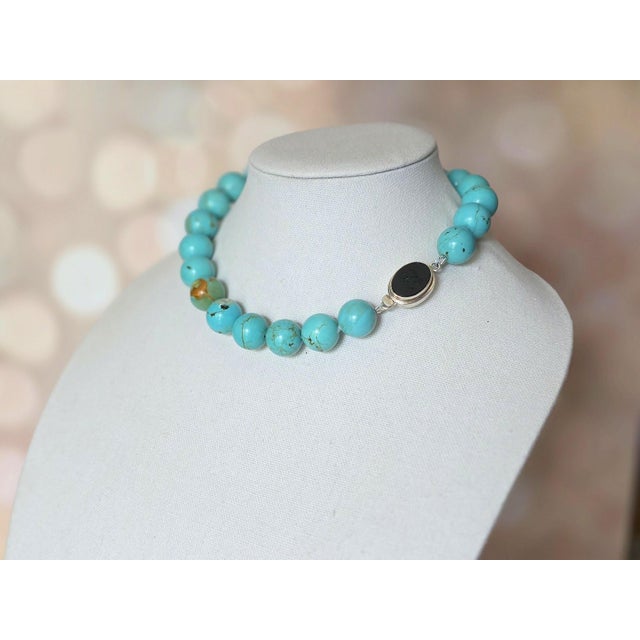 Modern Genuine Mexican Sonora Turquoise Beaded Necklace With Karl Lagerfeld Logo Clasp For Sale - Image 3 of 9