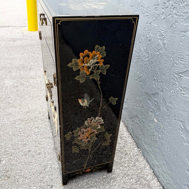 Vintage Chinese Black Lacquered Hand Painted Cabinet For Sale In West Palm - Image 6 of 11