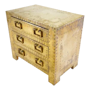 Sarreid Hollywood Regency Campaign Brass Clad Compact Chest of 3 Drawers Stand