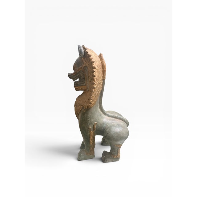 Late 20th Century Vintage Thai Bronze Singha Guardian Lion Sculpture With Gilt Accents & Verdigris Patina, 16”h For Sale - Image 5 of 14