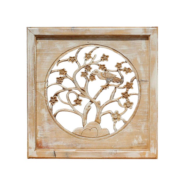 Off White Wash Lacquer Chinese Birds & Flowers Square Wall Panel For Sale
