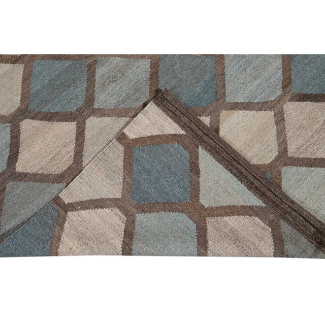 Handcrafted Wool Kilim Rug Featuring a Blue Geometric Design For Sale - Image 9 of 13