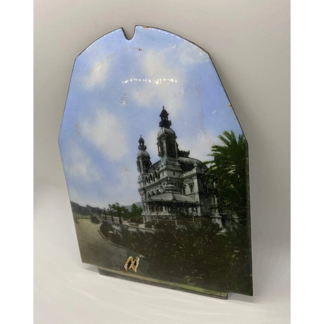 Old enamel sign shows the motif of Monte Carlo Casino Monaco in Art Nouveau style around 1900. Was removed from a furnace....