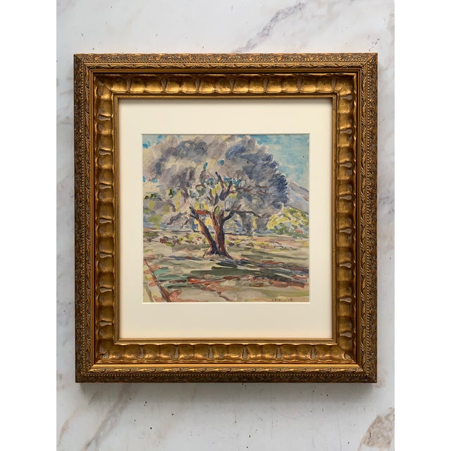 1920's Original Watercolor Landscape from France. A peaceful landscape scene filled with soothing blues and greens. Likely...